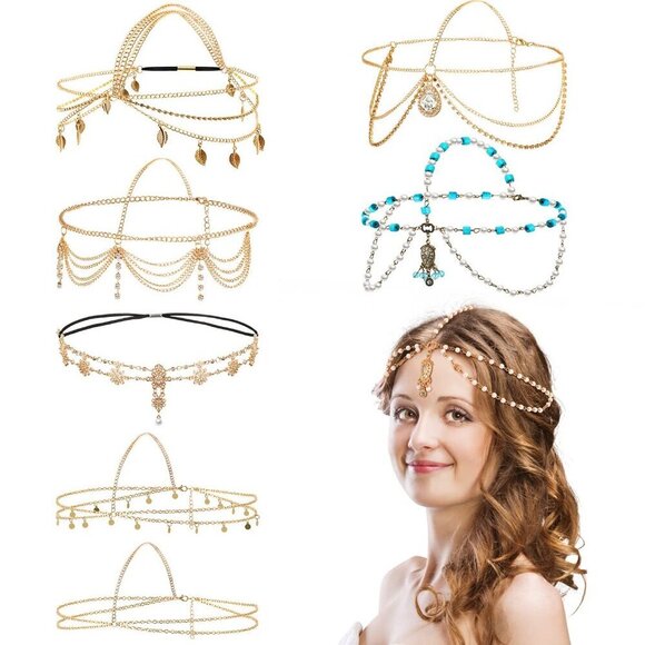 8 Pcs Gold Head Chain Jewelry Festival Prom Wedding Hair Accessories for Women